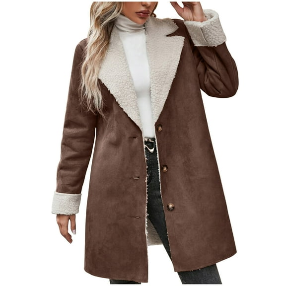 Plus Size Coats Winter Warm Composite Plush Button Lapel Collar Jacket Outwear Coat Winter Coats for Women 2023 Brown M on Clearance