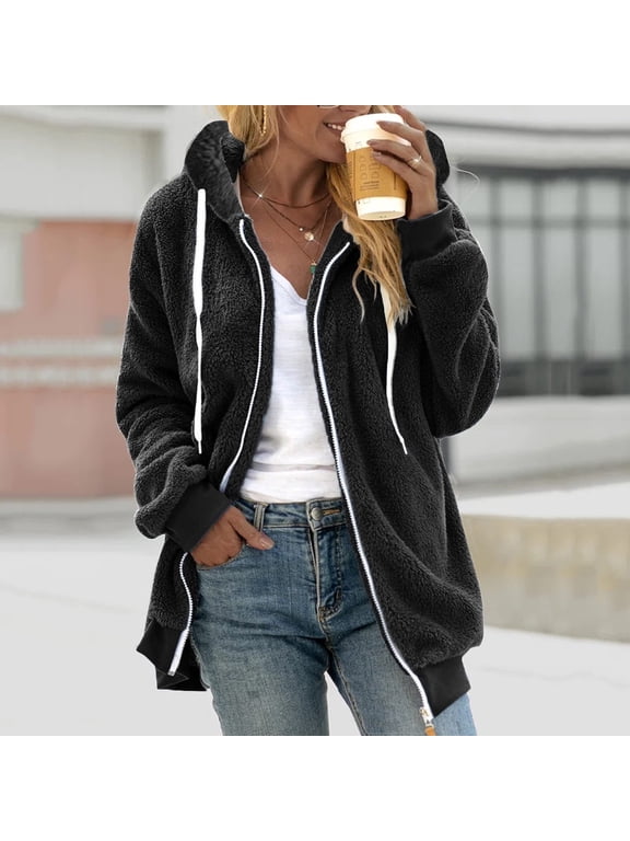 Plus Size Coats for Women with Hooded S-5X Fleece Full Zipper Up Jackets Casual Solid Long Sleeve Soft Warm Hoodie Winter Coat