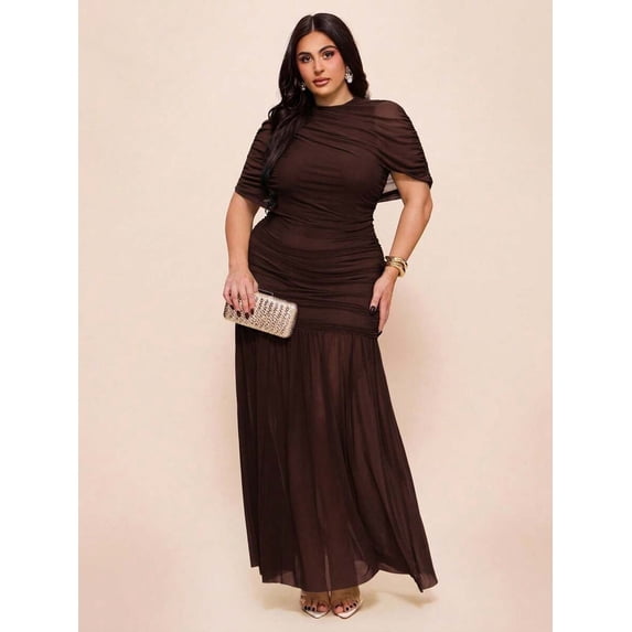 Plus Size Coffee Brown Ruched O-Neck Maxi Dress, Elegant Sheer Mesh