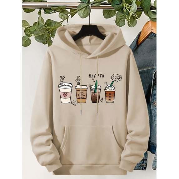 Plus Size Coffee Print Drawstring Hoodie, Cute Cozy Long Sleeve Sweatshirt For Spring & Fall, Women's Plus Size Clothing