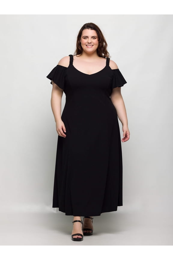 Plus Size Cold Shoulder Ruffle Sleeve Maxi Dress