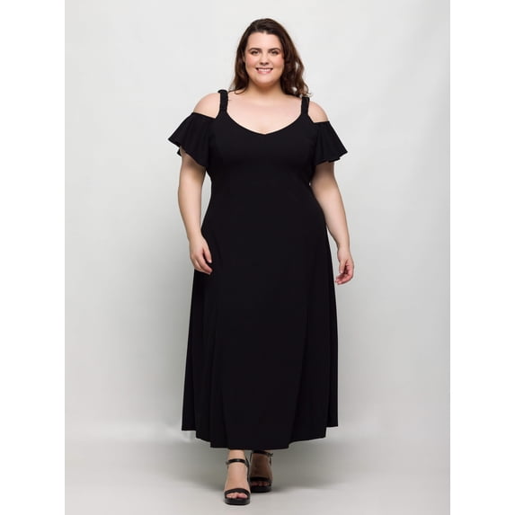 Plus Size Cold Shoulder Ruffle Sleeve Maxi Dress