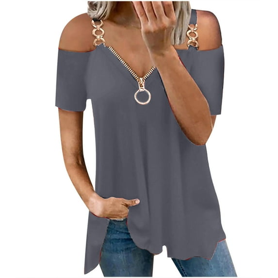 Plus Size Cold Shoulder Tunics Tops for Women Sexy Short Sleeve Tshirt Summer Casual Flowy Blouses with Zipper