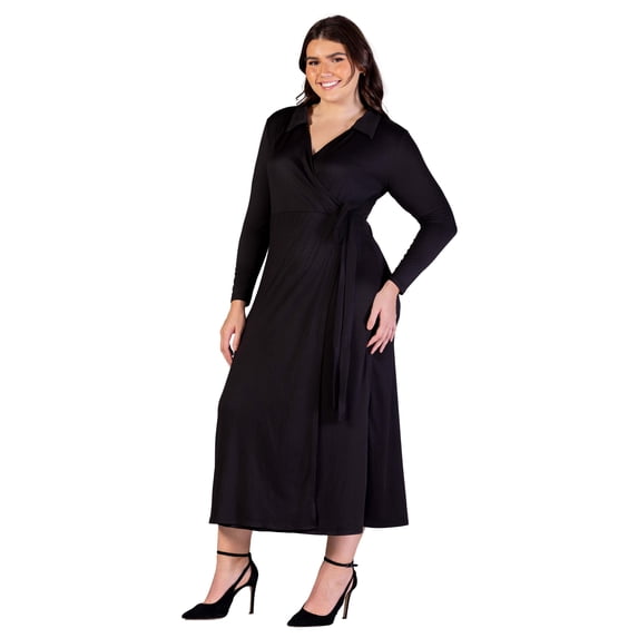 Plus Size Collared Long Sleeve Wrap Maxi Dress