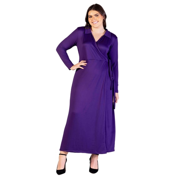 Plus Size Collared Long Sleeve Wrap Maxi Dress