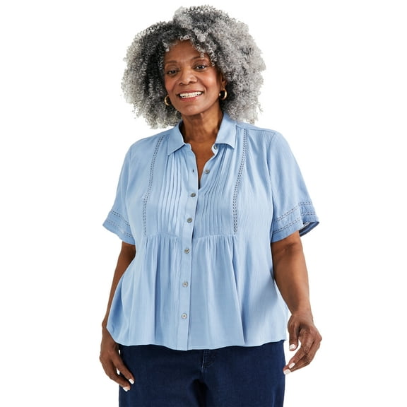 Plus Size Collared Pintuck Top Blue Fog 1X