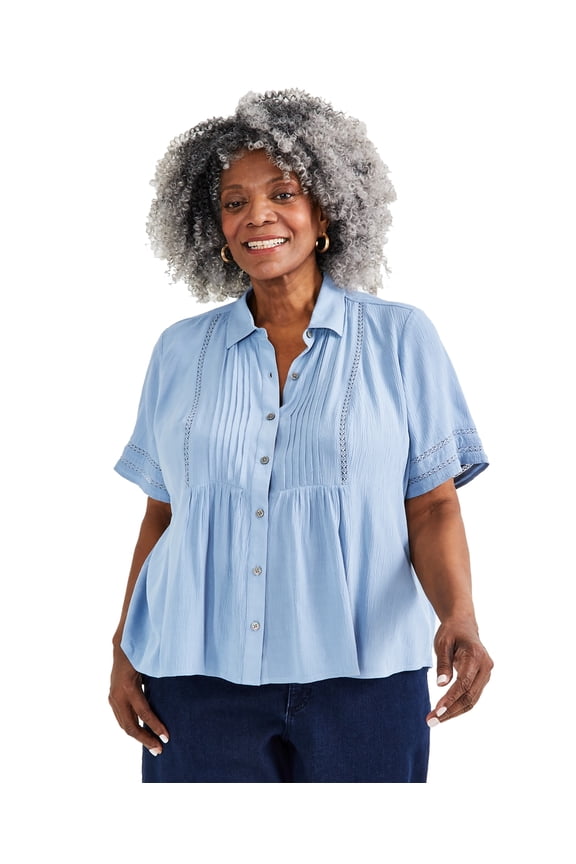 Plus Size Collared Pintuck Top Blue Fog 1X