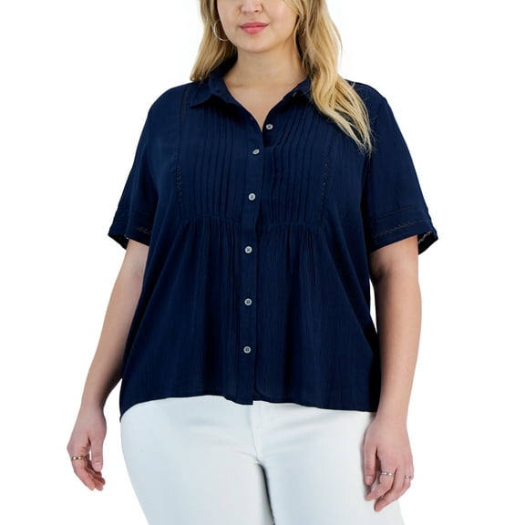 Plus Size Collared Pintuck Top Industrial Blue 3X