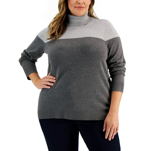 Plus Size Colorblock Turtleneck Sweater Charcoal Heather Black 1X