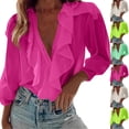 thumbnail image 1 of Plus Size Comfortable Ladies Blouses Casual Solid Long Sleeve Ruffle V-Neck Blouses Trendy Tunic Top Hot Pink S, 1 of 6