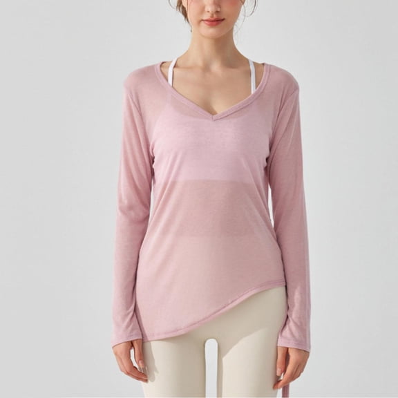 Plus Size Comfortable Ladies Blouses Solid Color Long Sleeved Pleated Drawstring Yoga Long Sleeved V-neck T Shirt Pullover Tunic Pink S