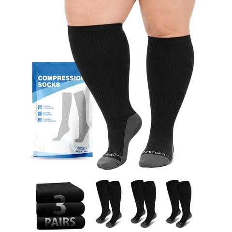Plus Size Compression Socks, PUTUO Wide Calf Compression Socks 20-30 mmHg for Men Women - Knee High Sports & Health Socks for Varicose Veins Swelling and Circulation, 3 Pack, Black