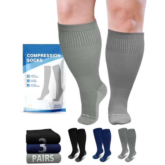 Plus Size Compression Socks, PUTUO Wide Calf Compression Socks 20-30 mmHg for Men Women - Knee High Sports & Health Socks for Varicose Veins Swelling and Circulation, 3 Pack, Multicolor