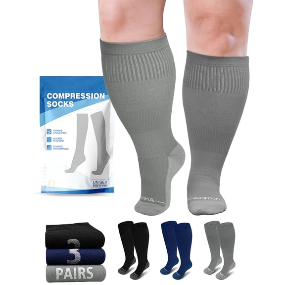 Plus Size Compression Socks, PUTUO Wide Calf Compression Socks 20-30 mmHg for Men Women - Knee High Sports & Health Socks for Varicose Veins Swelling and Circulation, 3 Pack, Multicolor