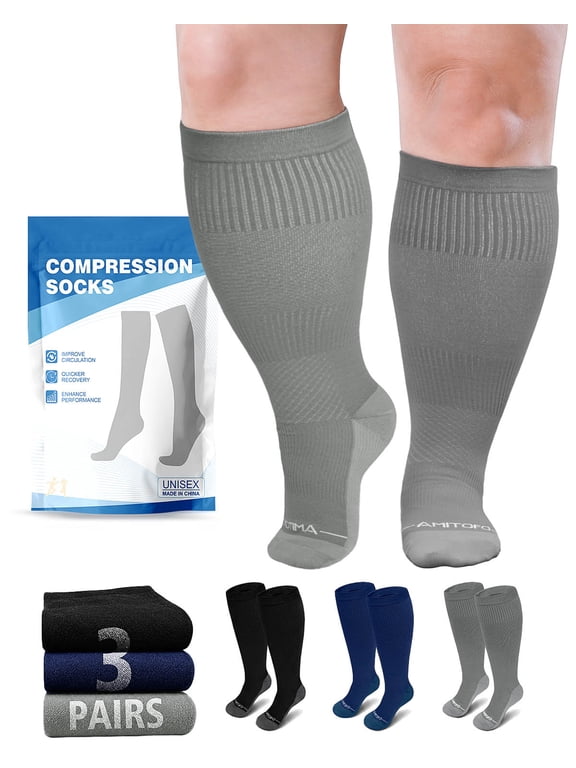 Plus Size Compression Socks, PUTUO Wide Calf Compression Socks 20-30 mmHg for Men Women - Knee High Sports & Health Socks for Varicose Veins Swelling and Circulation, 3 Pack, Multicolor