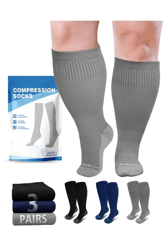 Plus Size Compression Socks, PUTUO Wide Calf Compression Socks 20-30 mmHg for Men Women - Knee High Sports & Health Socks for Varicose Veins Swelling and Circulation, 3 Pack, Multicolor