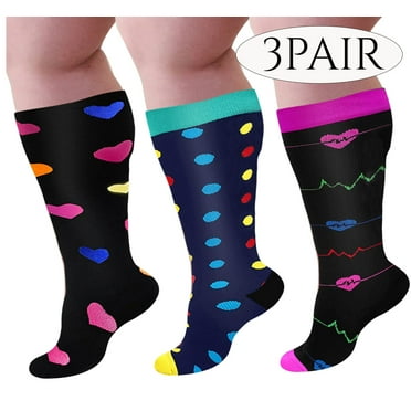 Plus Size Compression Socks for Women and Men with Extra Wide Calf - Knee High Support Stockings for Improved Circulation Black Cute Heart 3 Pack 2XL