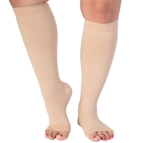 Plus Size Compression Stockings for Women & Men 15-20mmHg Open Toe - Beige, 3X-Large