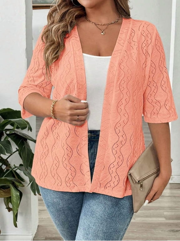 Plus Size Coral Pink Eyelet Lace Open Front 3/4 Sleeve Blazer Cardigan