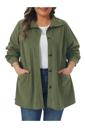 Plus Size Corduroy Shirt for Women Long Sleeve Button Down Blouses Tops Loose Shacket Jacket with Pockets 3X Army Green