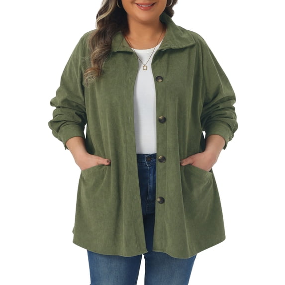 Plus Size Corduroy Shirt for Women Long Sleeve Button Down Blouses Tops Loose Shacket Jacket with Pockets 3X Army Green