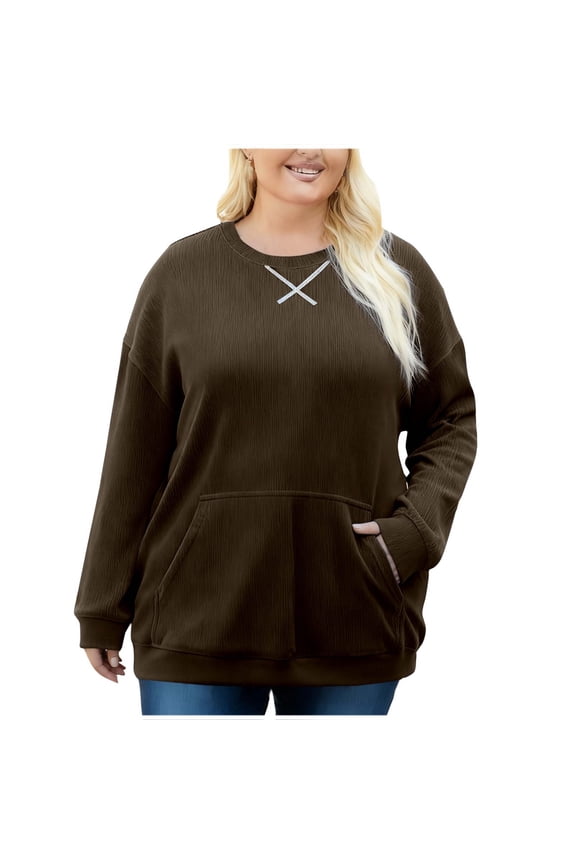 Plus Size Corduroy Sweatshirt For Women Round Neck Long Sleeve Tunic Shirts Fall & Winter Casual Daily Going Out Pullover Top