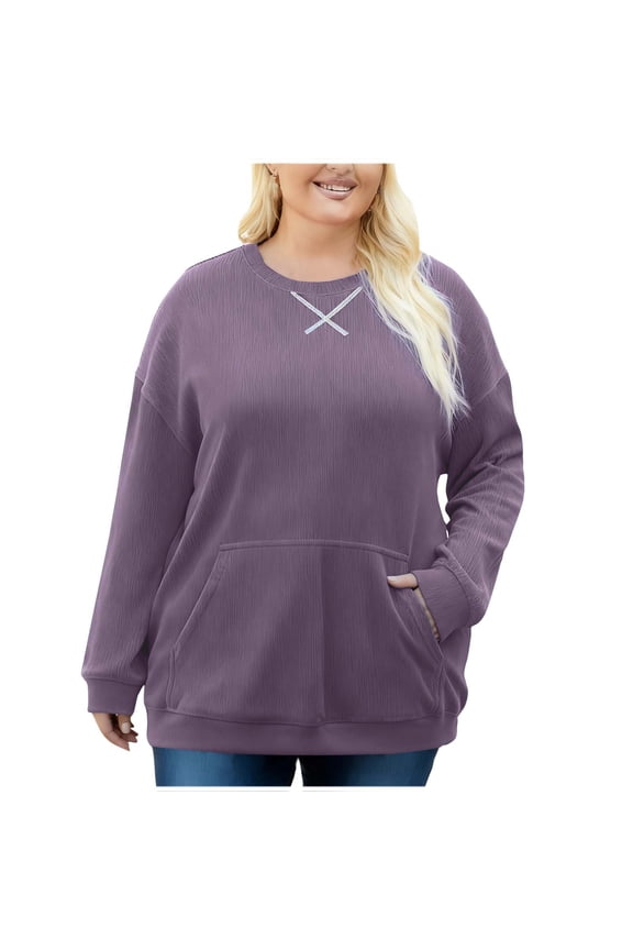 Plus Size Corduroy Sweatshirt For Women Round Neck Long Sleeve Tunic Shirts Fall & Winter Casual Daily Going Out Pullover Top
