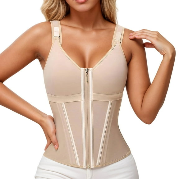 Plus Size Corset Waist Trainer Corset Tummy Control Sport Workout Body Shaper Vest with Zipper and Hooks Body Bustier Corset for Women Beige L