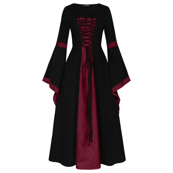 Plus Size Dress for Women Renaissance Bell Sleeves Lace-up Midi Dress for Halloween Victorian