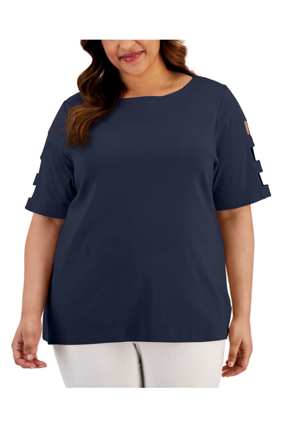 Plus Size Cotton Cutout-Sleeve Top Intrepid Blue 0X
