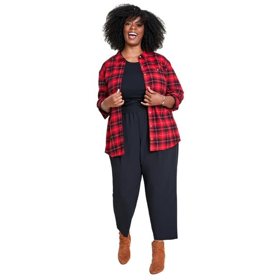 Plus Size Cotton Flannel Plaid Tunic Shirt Burgundy Combo 2X