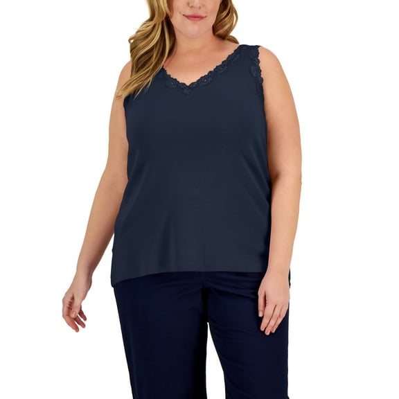 Plus Size Cotton Lace-Trim Top Intrepid Blue 2X