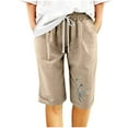 thumbnail image 1 of Plus Size Cotton Linen Bermuda Shorts for Women Knee Length Printed Summer Casual Capri Athletic Drawstring Shorts Khaki,XXL, 1 of 6