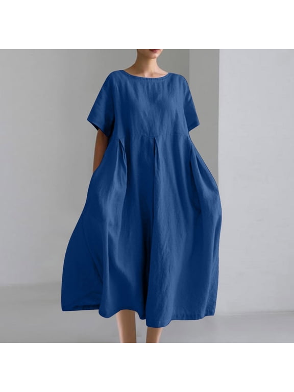 Plus Size Cotton Linen Dress for Women Summer Oversized Shift Dress Casual Short Sleeve Lounge Sleepwear Dress Beach Vacation Sundress ,Sizes S-5XL