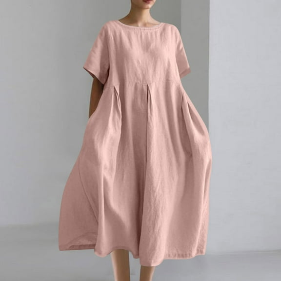 Plus Size Cotton Linen Dress for Women Summer Oversized Shift Dress Casual Short Sleeve Lounge Sleepwear Dress Beach Vacation Sundress ,Sizes S-5XL