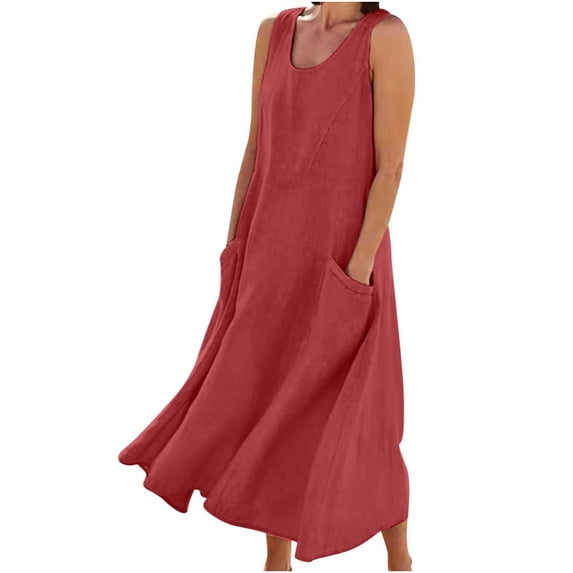 Plus Size Cotton Linen Dresses for Women Long Sundress Summer Casual Loose Solid Color Tank Dress with Pockets