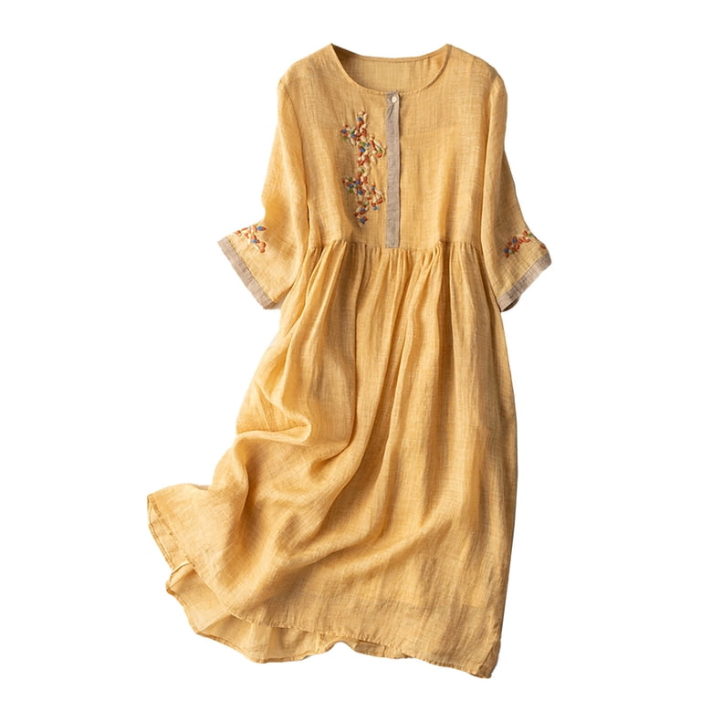 Plus Size Cotton Linen Dresses for Women Short Sleeve Summer Midi Dress  with Pockets Orange XL - Walmart.com