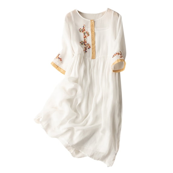 Plus Size Cotton Linen Dresses for Women Short Sleeve Summer Midi Dress with Pockets White XL