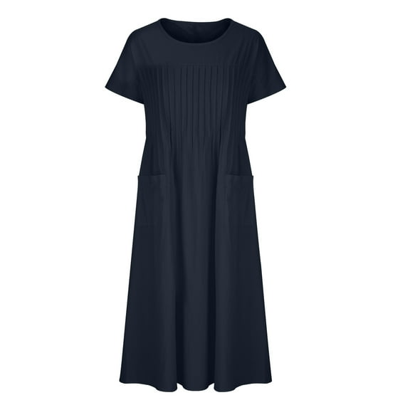 Plus Size Cotton Linen Dresses for Women Short Sleeve Summer Pleated Midi Dress with Pockets