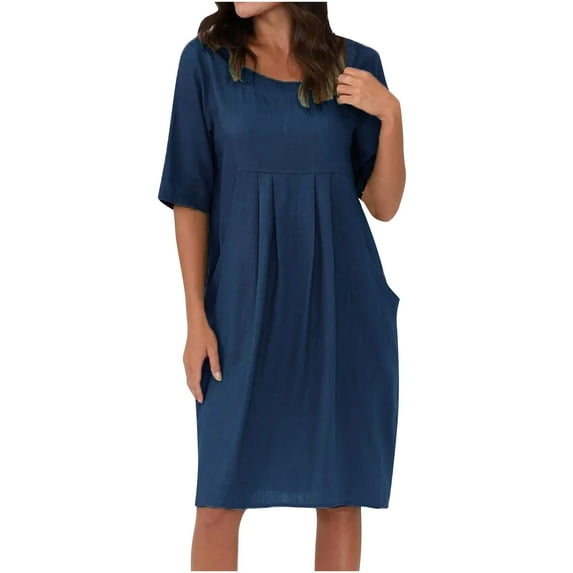 Plus Size Cotton Linen Dresses for Women Short Sleeve Summer Pleated Midi Dress with Pockets