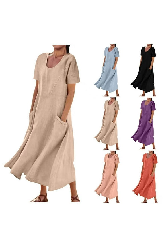 Plus Size Cotton Linen Long Dress Olyvenn Fashion Womens Fashion Women's Summer Solid Color Soft Comfortable Long Dress Short Sleeve Boat Neck Dress Black 4
