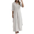 thumbnail image 1 of Plus Size Cotton Linen Outfits Solid Mid-length Button Shirts and Wide Leg Pants 2pc Casual Lounge Sets Working Going Out Clothing, 1 of 5
