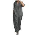 thumbnail image 1 of Plus Size Cotton Linen Outfits for Women 2 Piece Set Pants Suits V Neck Button 3/4 Sleeve Tops Wide Leg Pants Sets, 1 of 6
