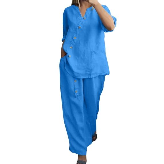 Plus Size Cotton Linen Outfits for Women 2 Piece Set Pants Suits V Neck Button 3/4 Sleeve Tops Wide Leg Pants Sets
