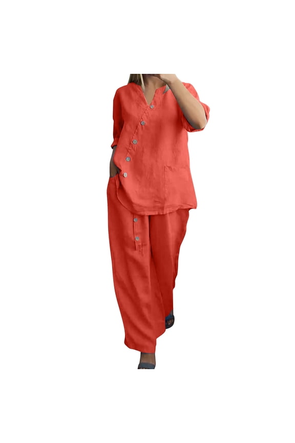 Plus Size Cotton Linen Outfits for Women 2 Piece Set Pants Suits V Neck Button 3/4 Sleeve Tops Wide Leg Pants Sets