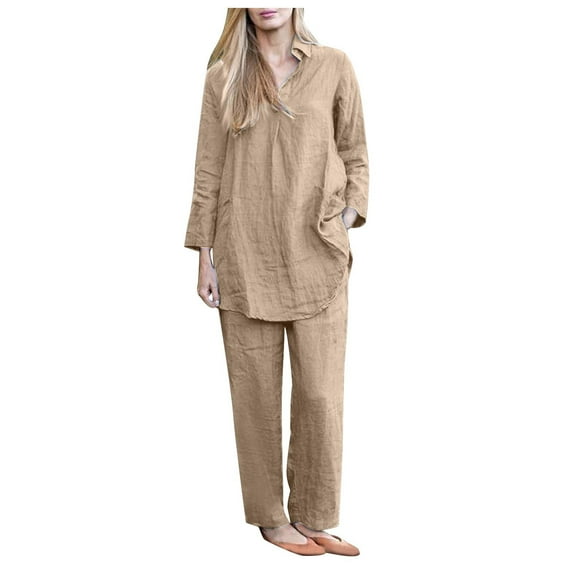 Plus Size Cotton Linen Outfits for Women 2 Piece V-Neck Blouse Wide Leg Pants Suits Solid Color Loose Casual Sets