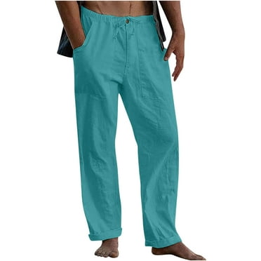 Plus Size Cotton Linen Pants for Men Big and Tall with Pockets Casual Straight Leg Loose Drawstring Elastic Waist Solid Comfort Loungewear Trousers