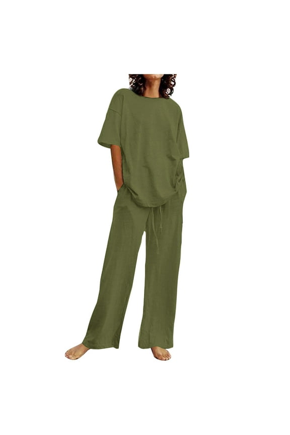 Plus Size Cotton Linen Set for Women, Ladies Summer Suit, Trendy Short Sleeve Blouse Shirt Solid Color Trousers with Pockets, Loose Casual Two-Piece Beach Suit Sweat Suits for Ladys 2 Piece Cotton