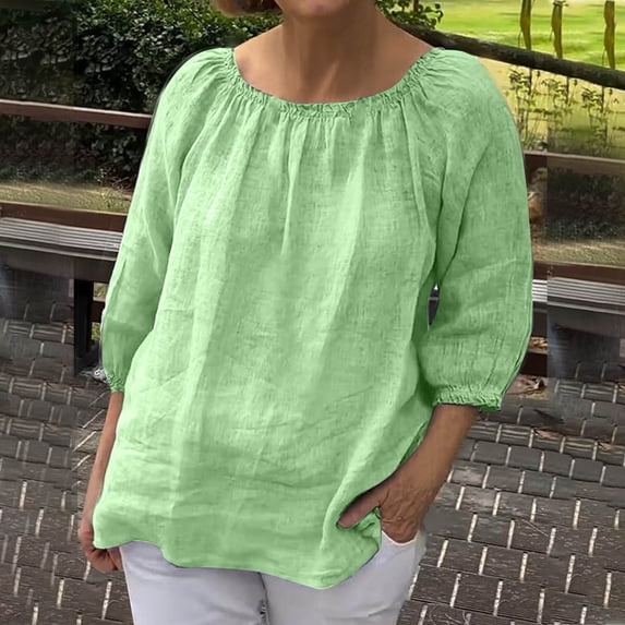 Plus Size Cotton Linen Shirts for Women,3/4 Sleeve Casual Gauze Top,Ruched Loose Fit Flowy Holiday Vacation Blouse