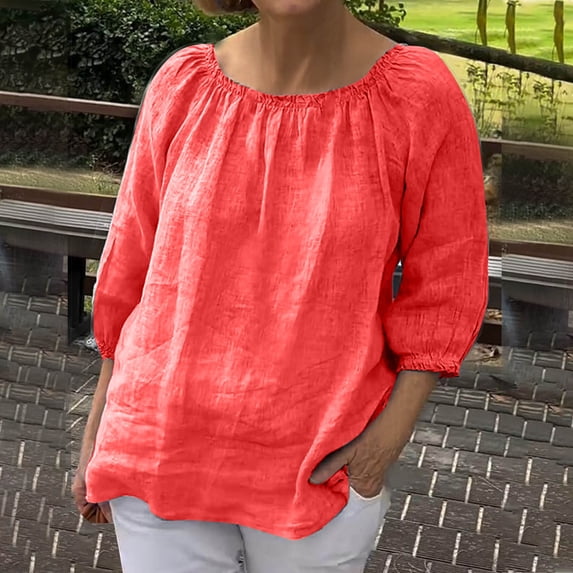 Plus Size Cotton Linen Shirts for Women,3/4 Sleeve Casual Gauze Top,Ruched Loose Fit Flowy Holiday Vacation Blouse